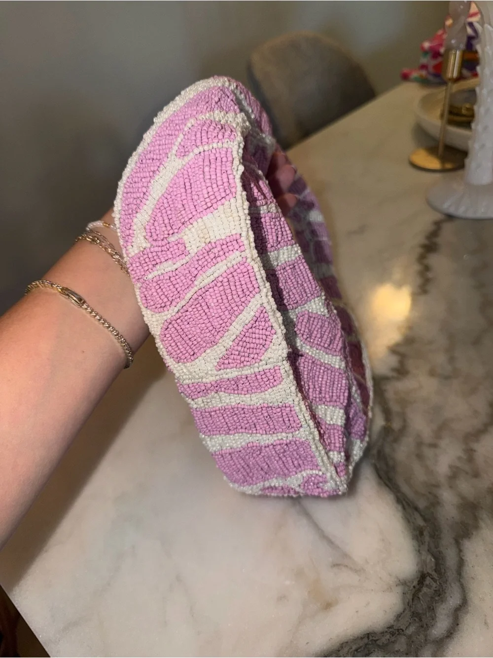 Kelly & Katie Pink and White Beaded Circle-Handle Clutch